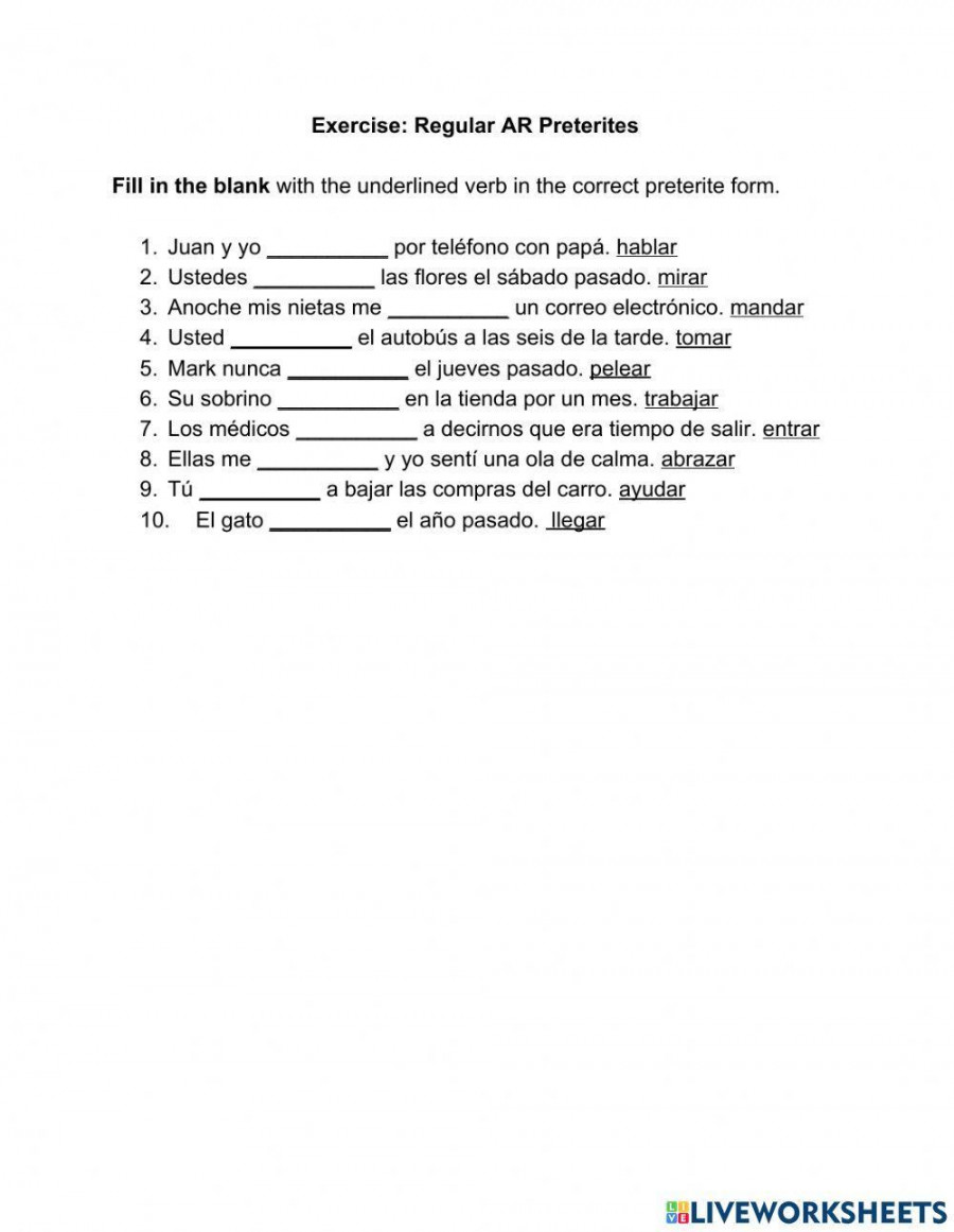 Preterite tense of regular AR verbs worksheet  Live Worksheets