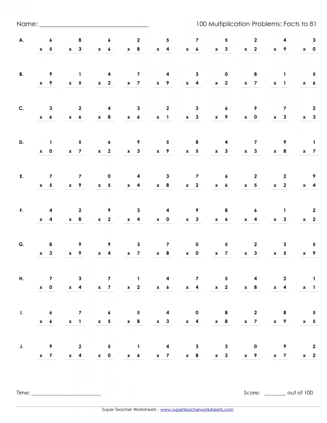 Printable Multiplication Worksheets  Multiplication Timed