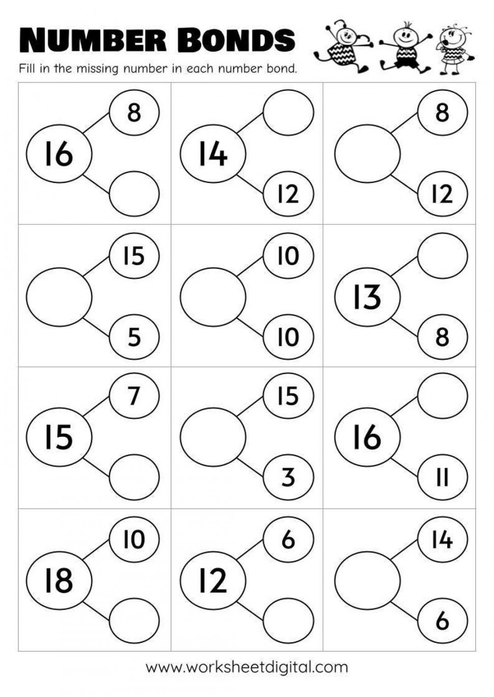 Printable Number Bonds Math Worksheets Numbers  to  - Etsy