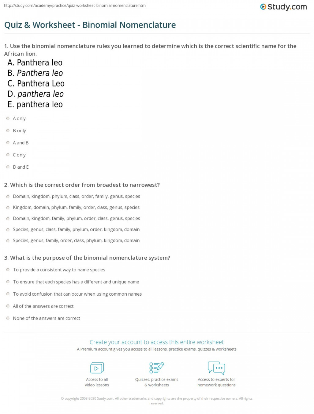 Quiz & Worksheet - Binomial Nomenclature  Study