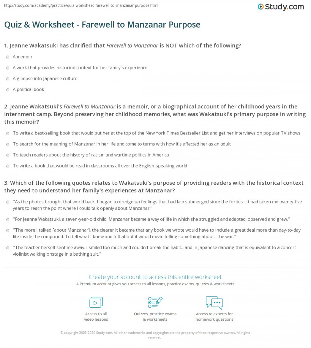 Quiz & Worksheet - Farewell to Manzanar Purpose  Study