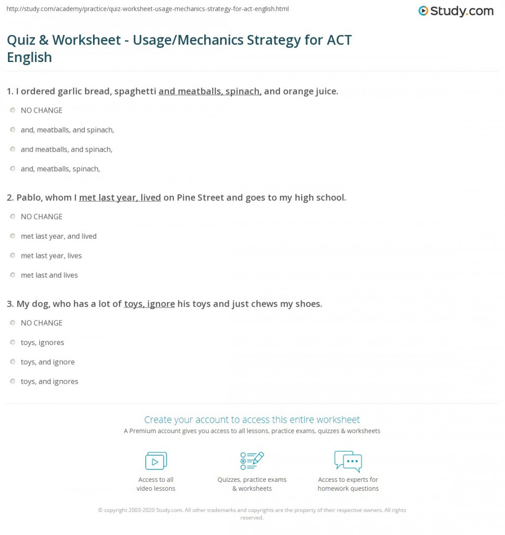 Quiz & Worksheet - Usage/Mechanics Strategy for ACT English