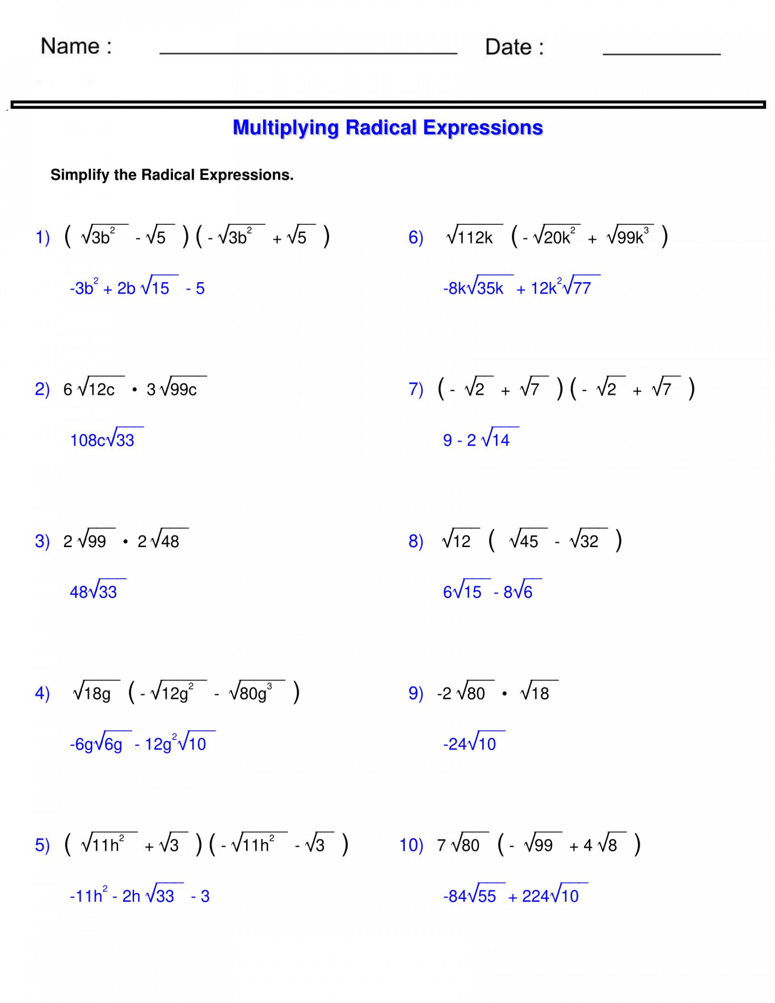 Radicals Worksheets - Multiplying Radical Expressions Worksheets