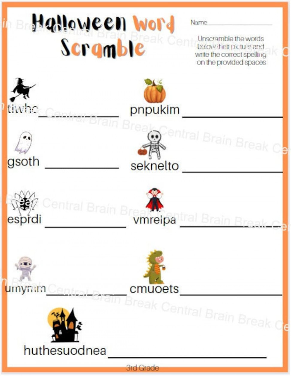 rd Grade Halloween Word Scramble Worksheet With Answer Key