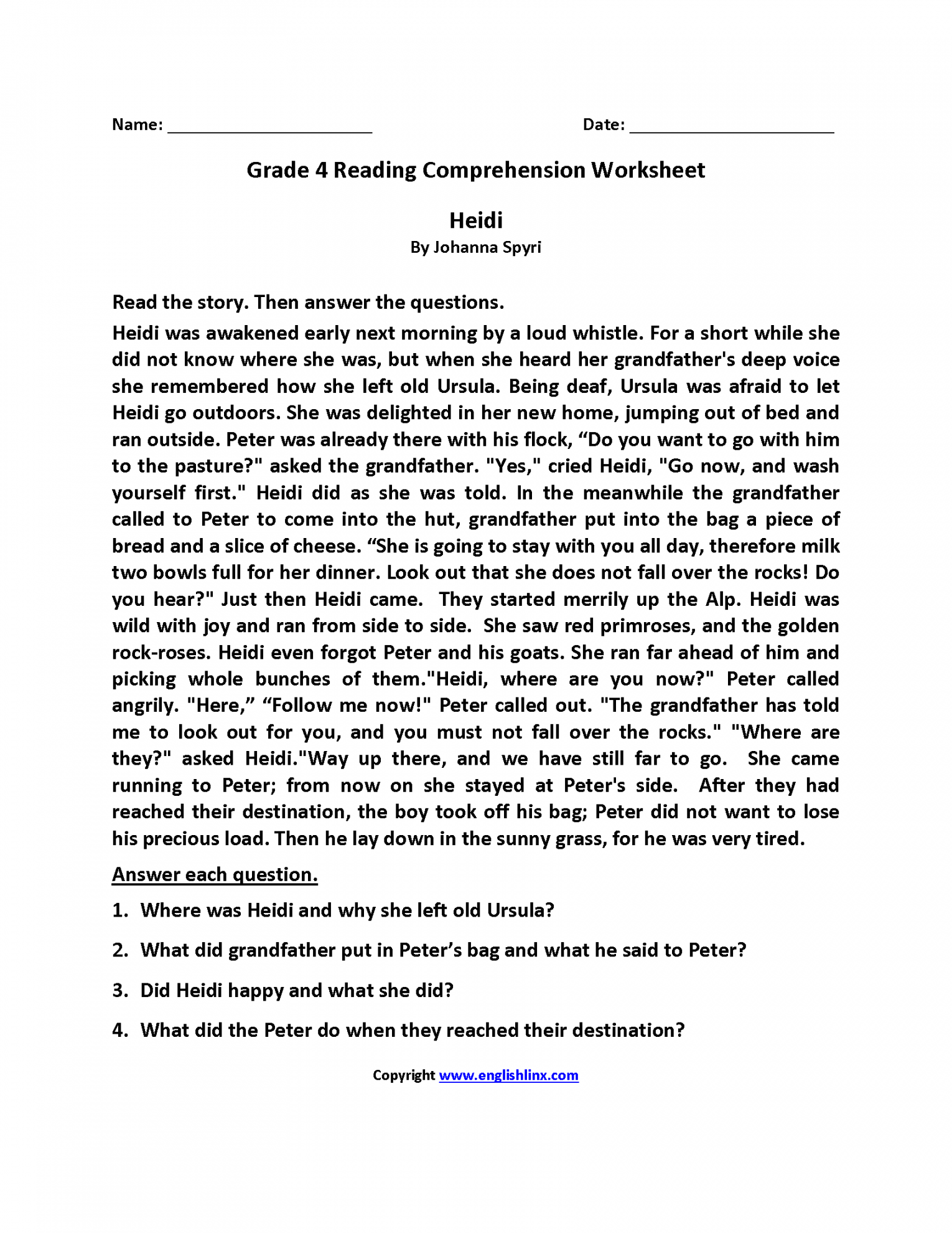 Reading Worksheets  Fourth Grade Reading Worksheets