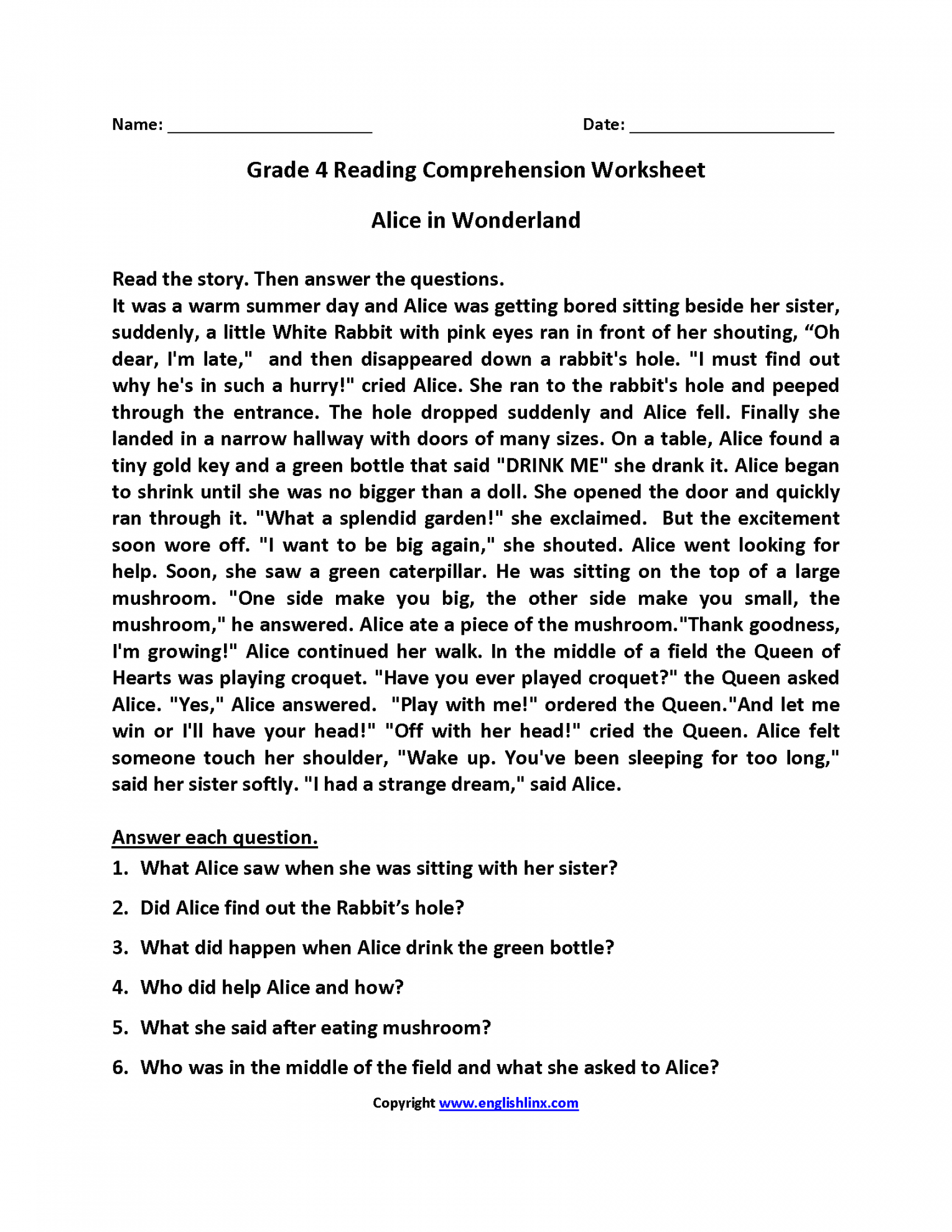 Reading Worksheets  Fourth Grade Reading Worksheets