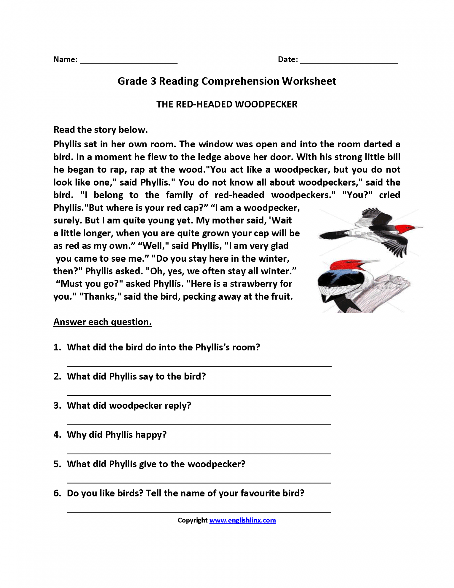 Reading Worksheets  Third Grade Reading Worksheets