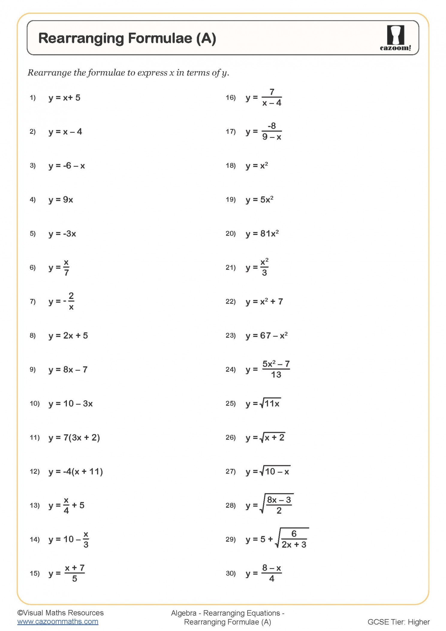 Rearranging Formulae (A)  Cazoom Maths Worksheets