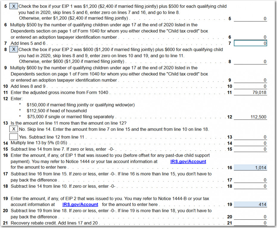 Recovery Rebate Credit Worksheet - ATX Line  - COVID- - ATX