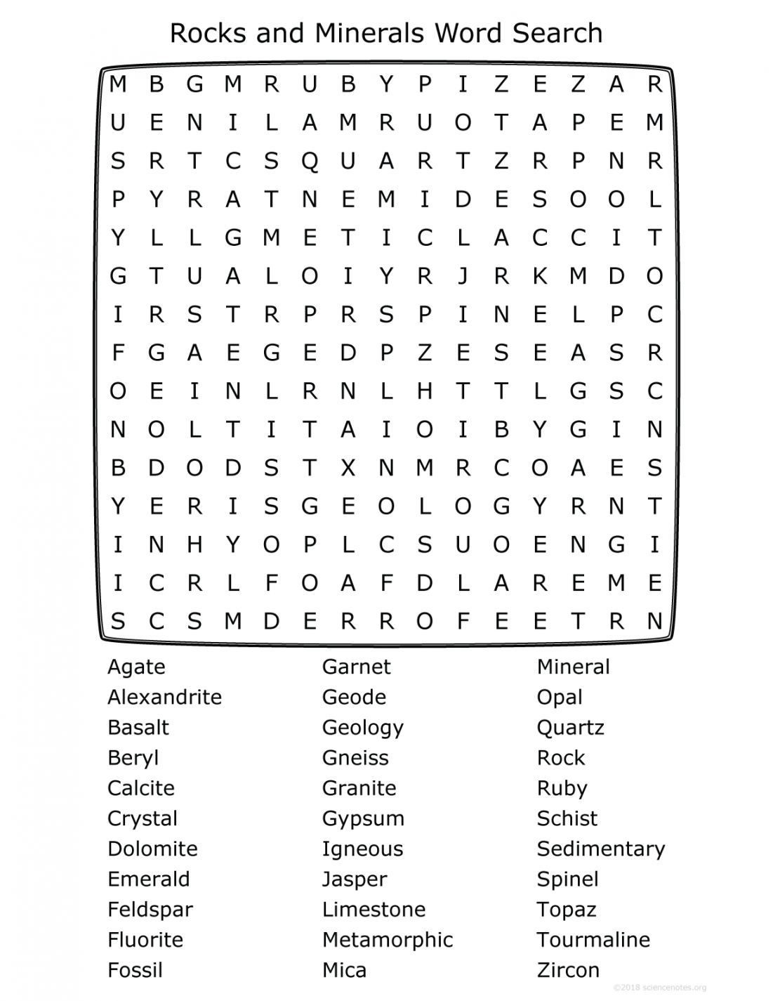 Rocks and Minerals Word Search