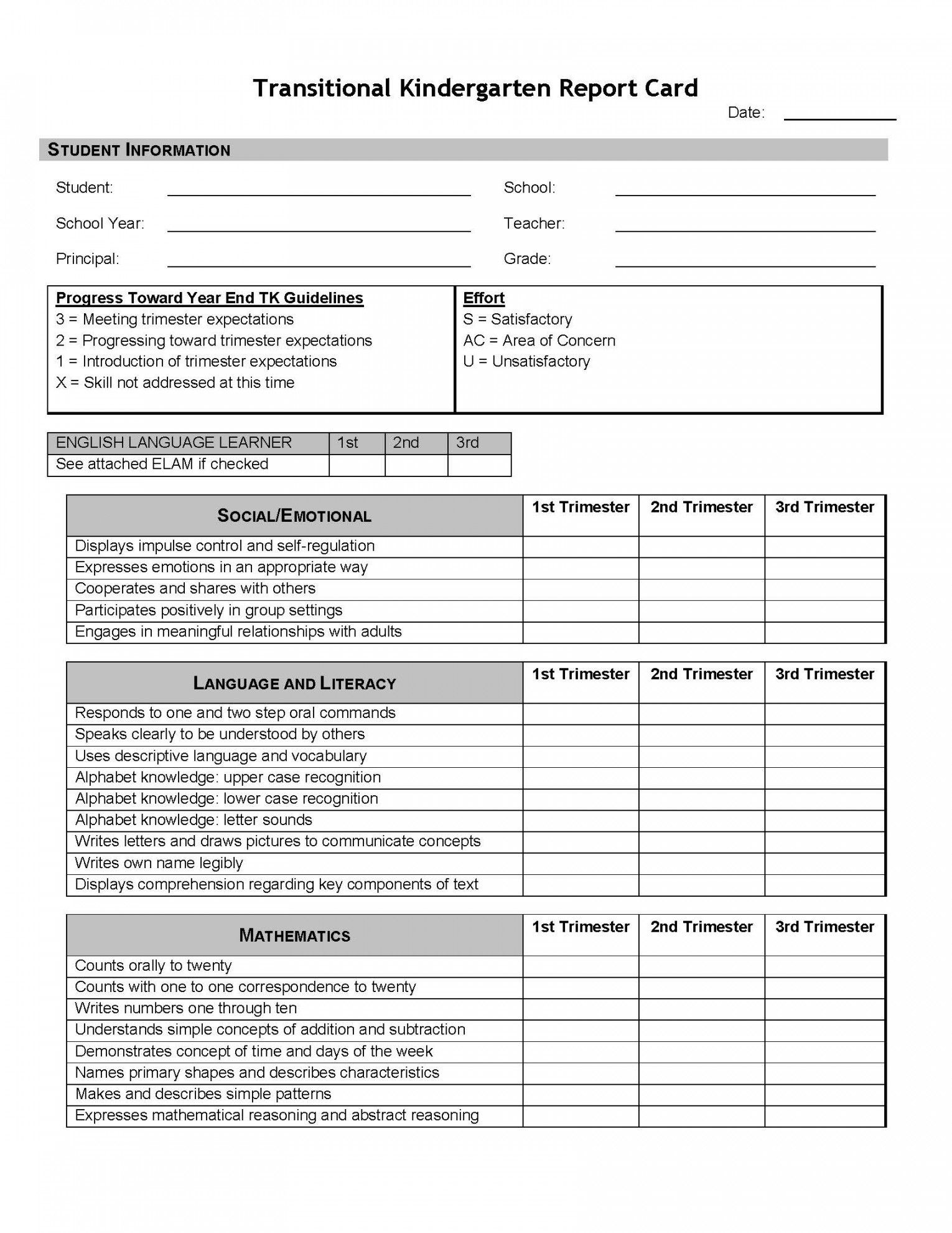 Sample Transitional Kindergarten Report Card