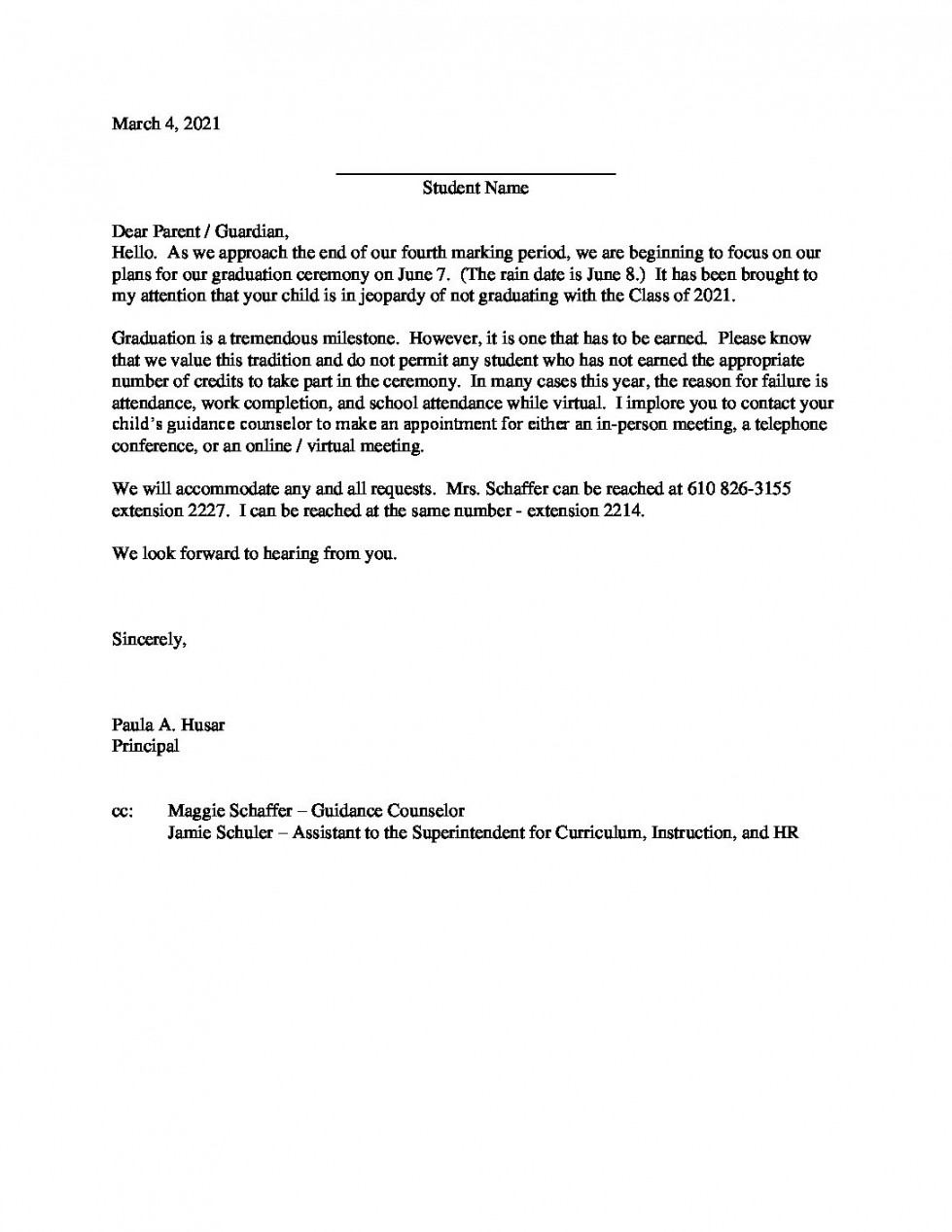 Senior Failure Letter () - Palmerton Area School District