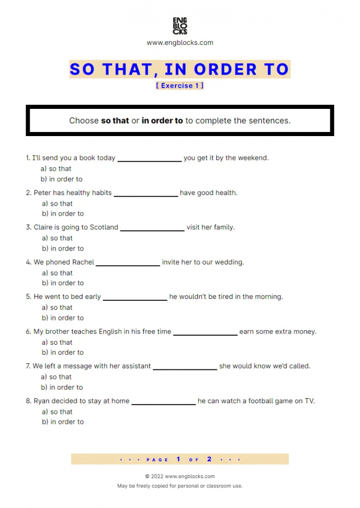 So that, In order to - Exercise  - Worksheet  English Grammar