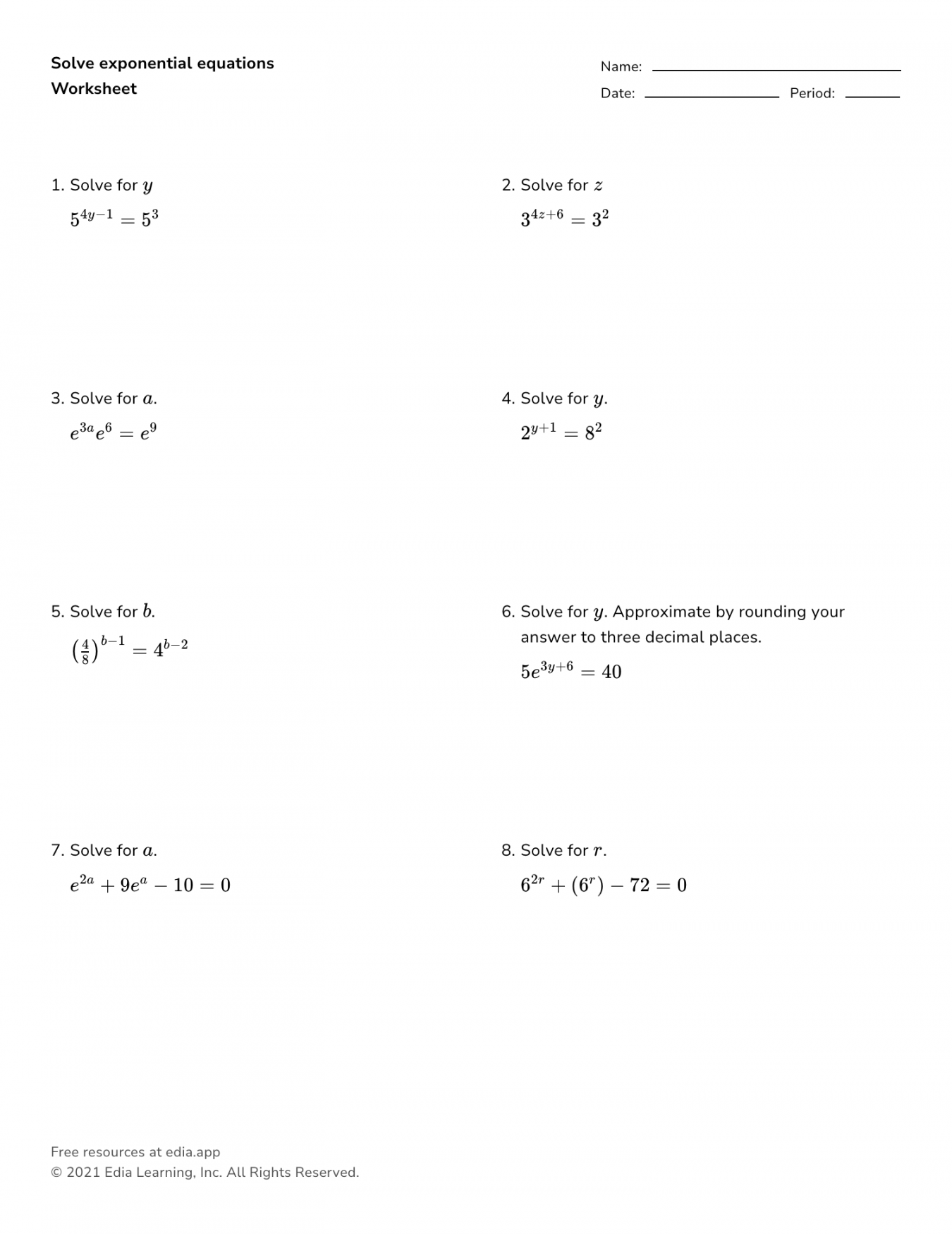 Solving Exponential Equations Worksheet