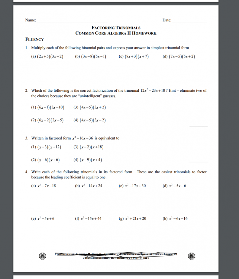 Solved Name: FACTORING BY GROUPING COMMON CORE ALGEBRA II  Chegg