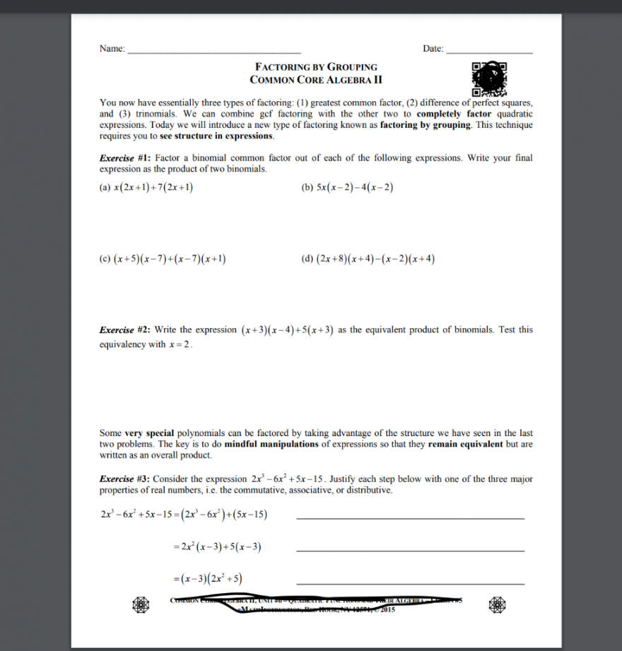Solved Name: FACTORING BY GROUPING COMMON CORE ALGEBRA II  Chegg