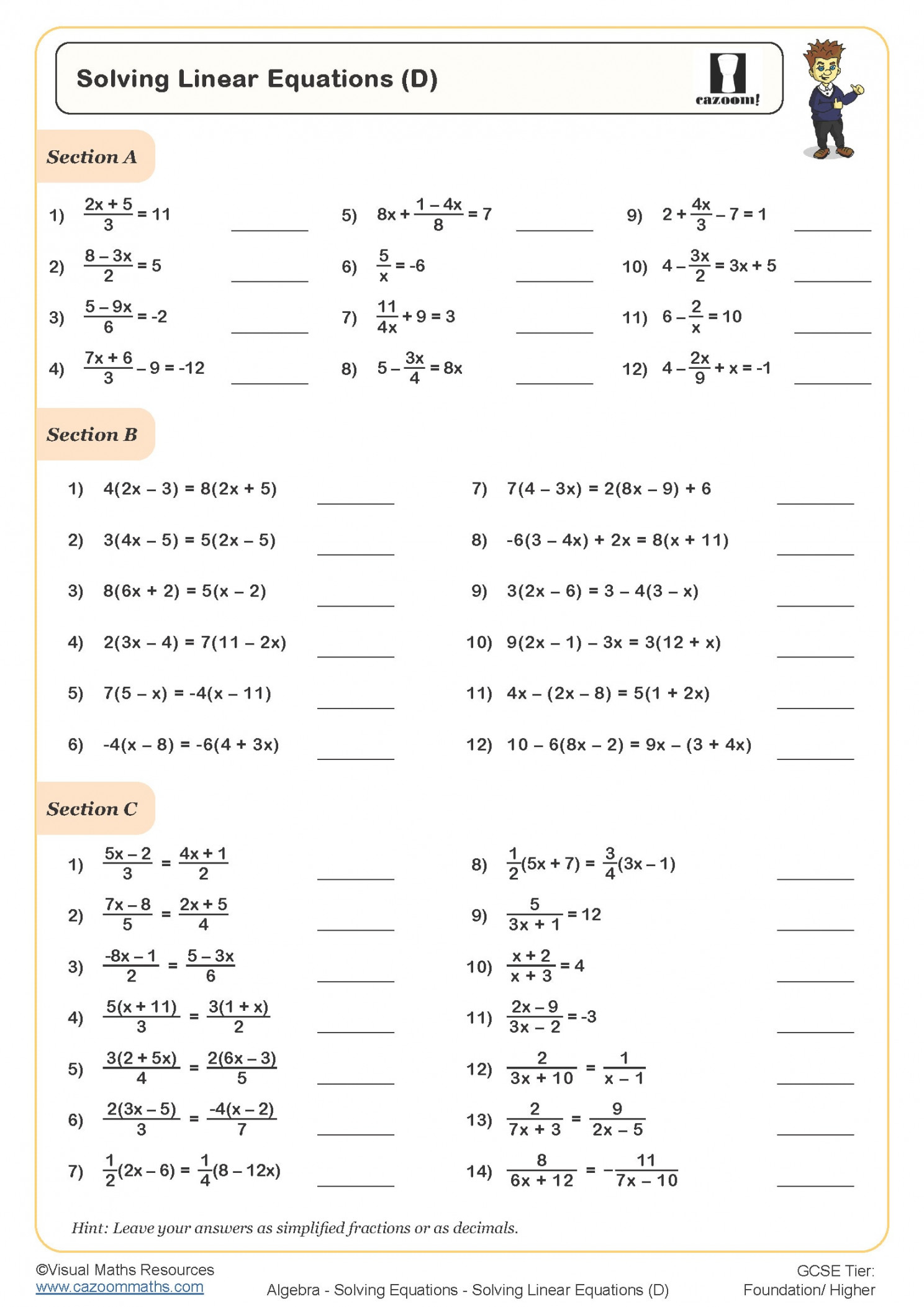 Solving Linear Equations (D) Worksheet  Fun and Engaging PDF