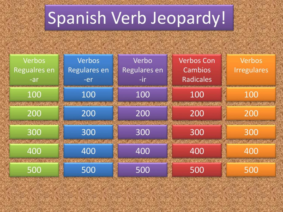 Spanish Verb Jeopardy! Verbos Regualres en -ar Verbos Regulares en