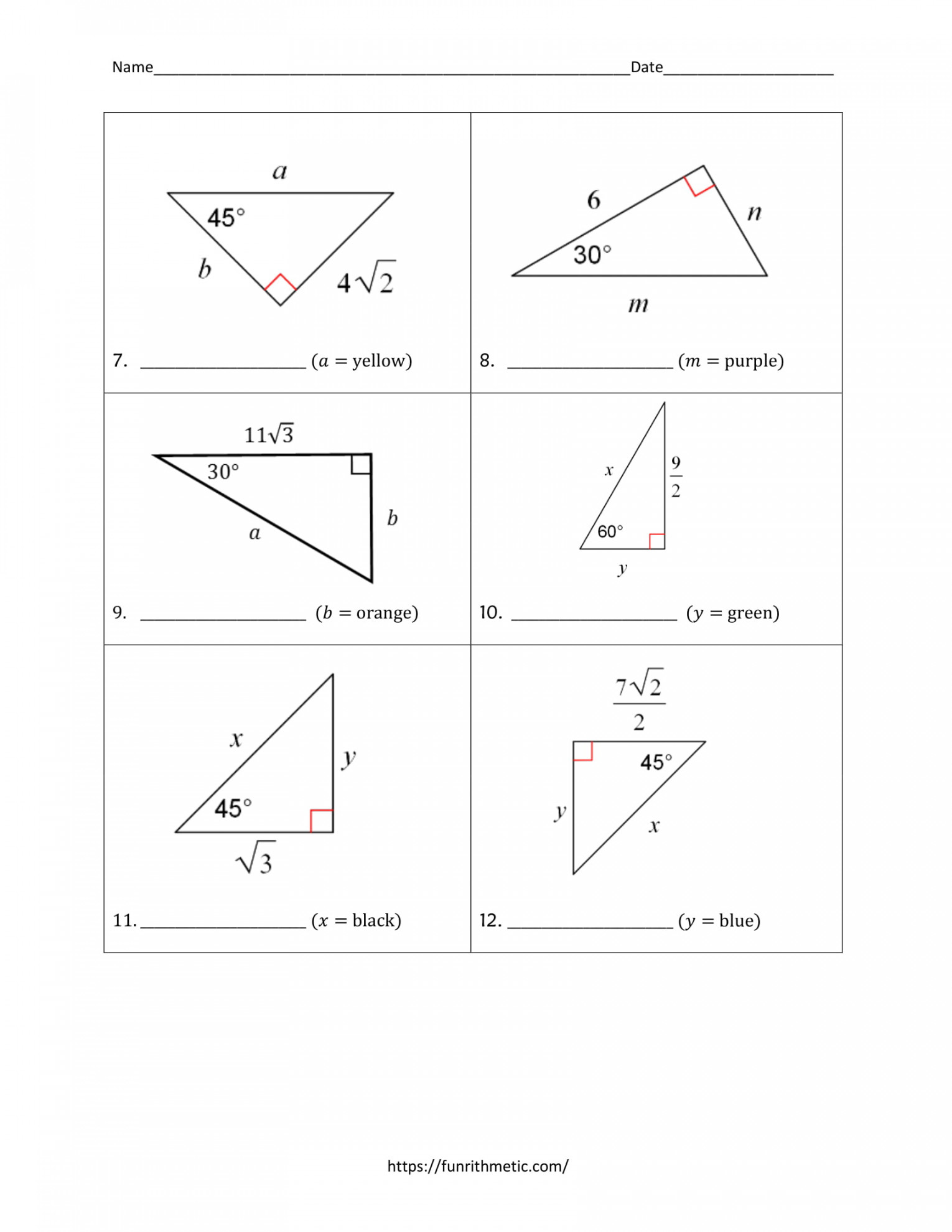 Special Right Triangles Color by Number