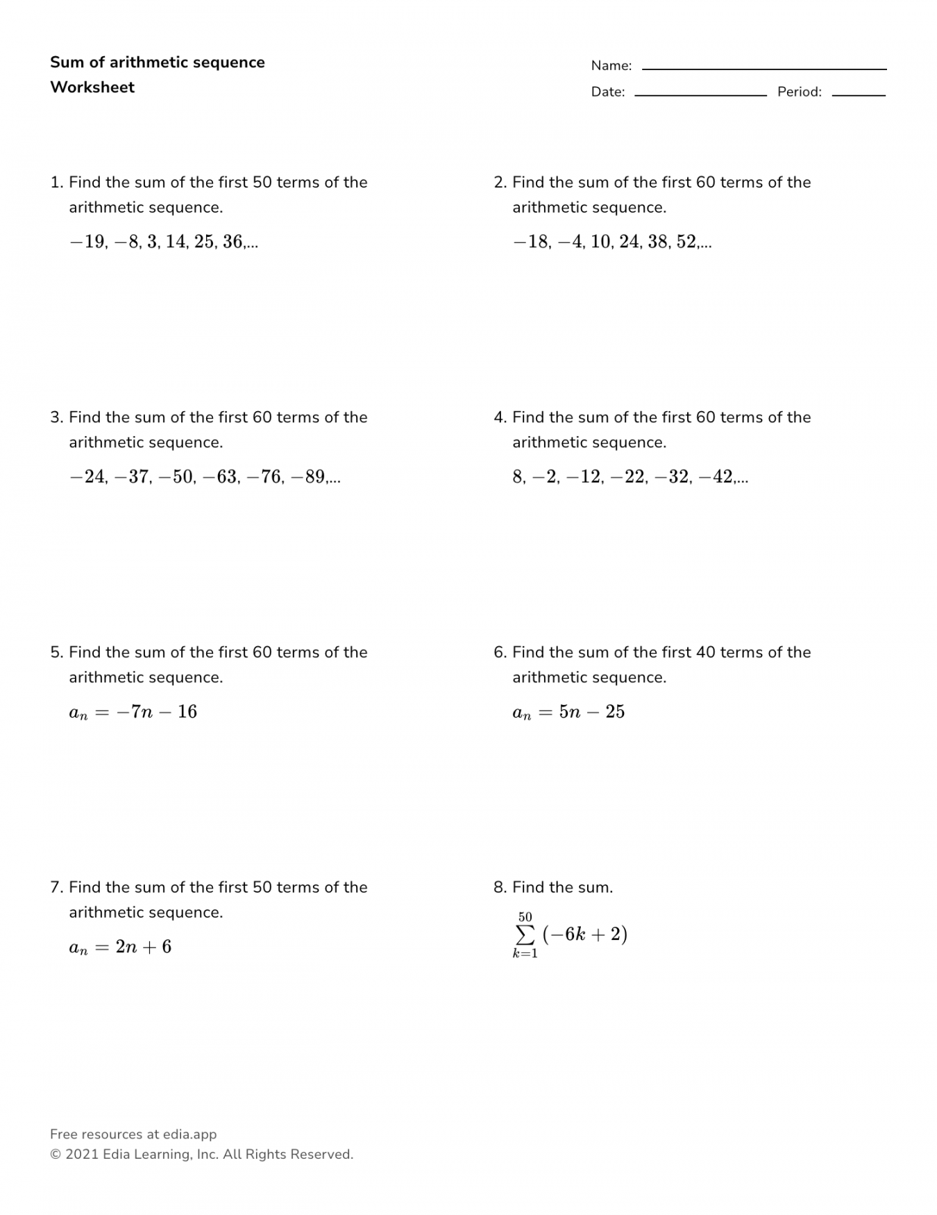 Sum Of Arithmetic Sequence - Worksheet