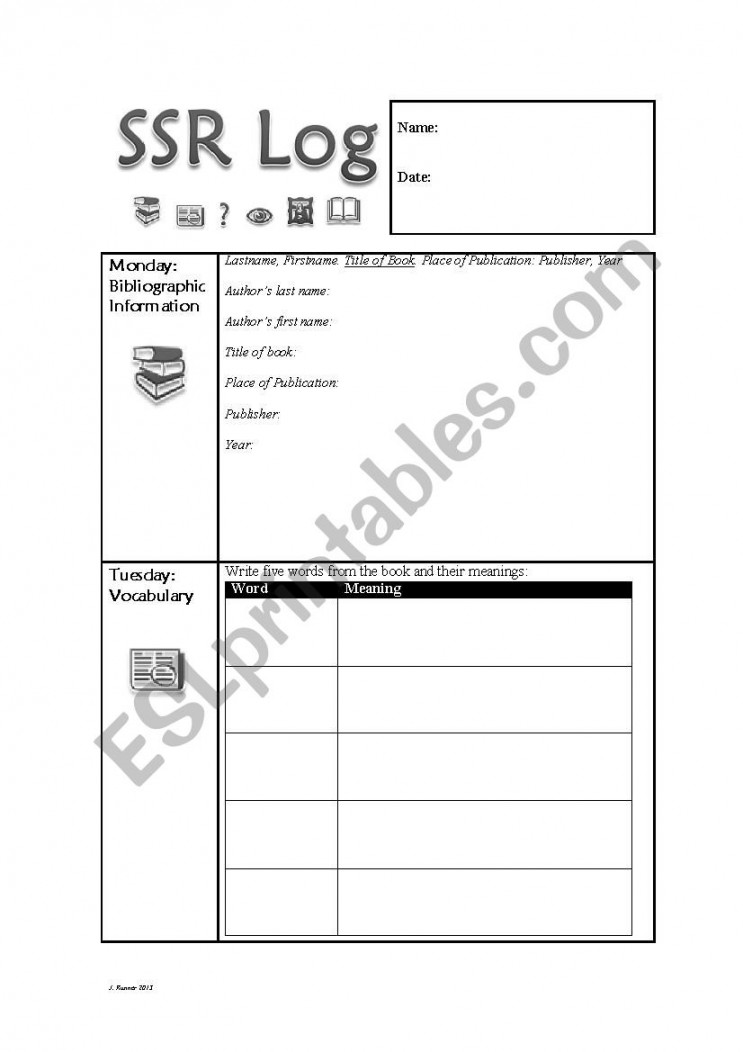 Sustained Silent Reading (SSR) Log C - ESL worksheet by jrunner