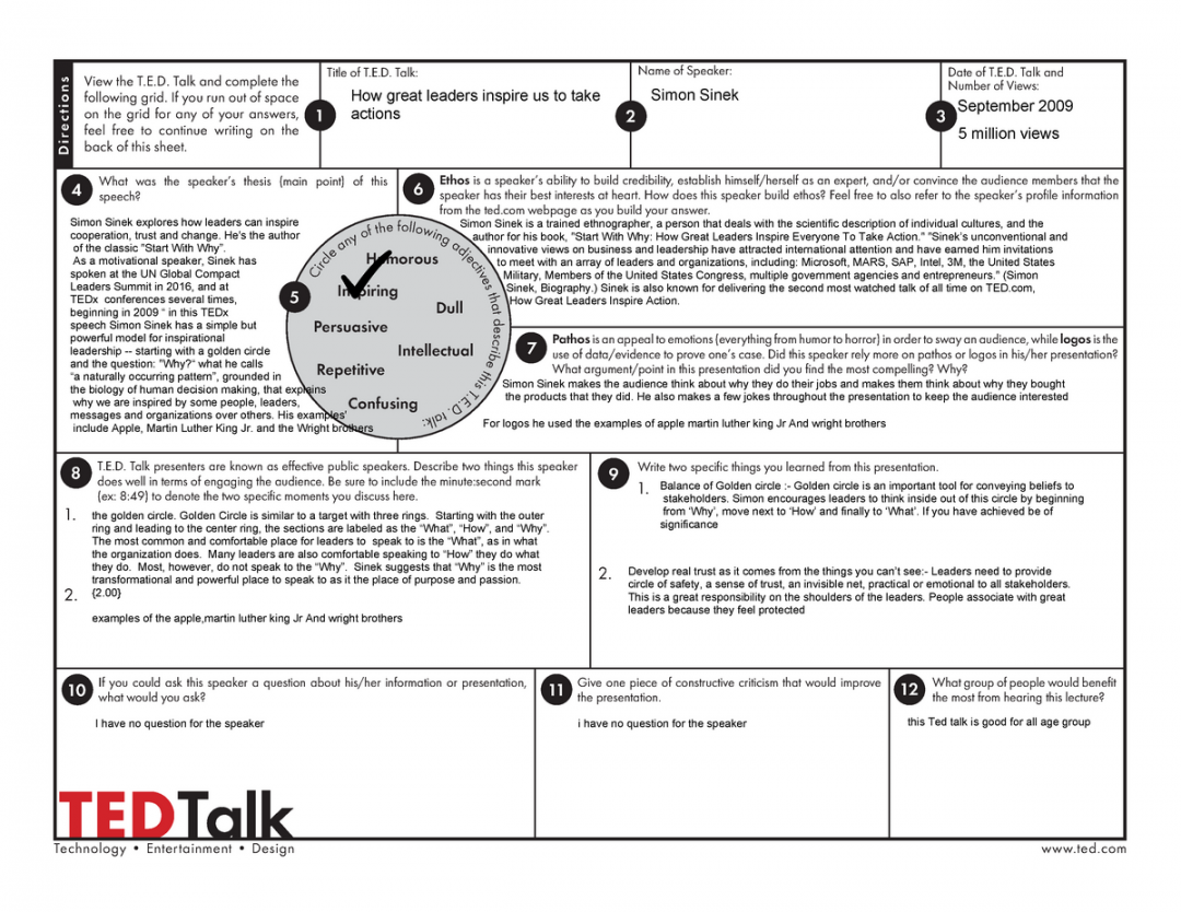 Ted Talk Analysis Worksheet - TED Talk View the T.E