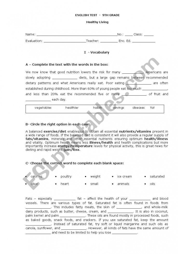 Test th grade - Healthy eating/living - ESL worksheet by jungle