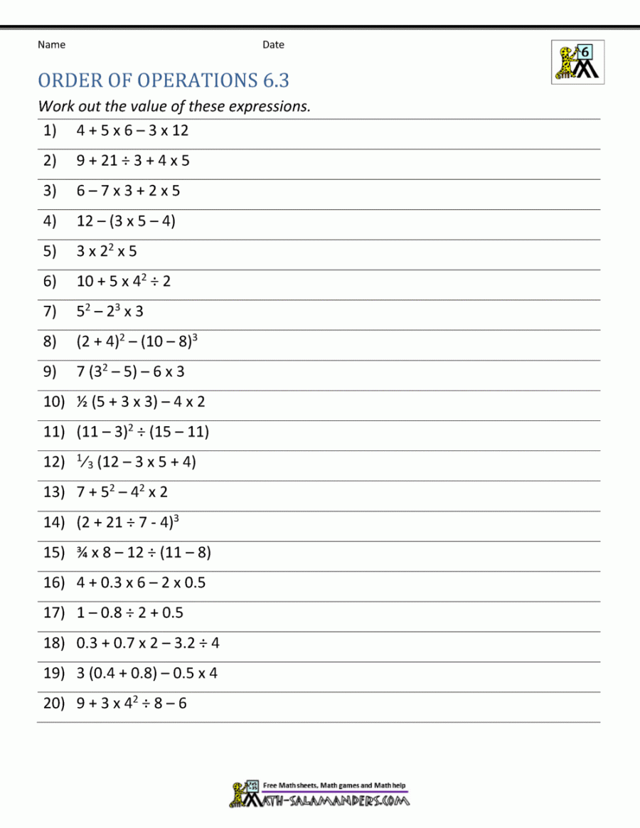 th Grade Order of Operations Worksheets