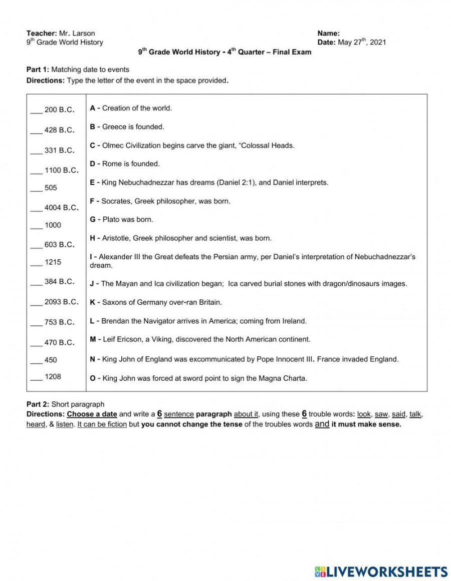 th Grade World History - Final Grade worksheet  Live Worksheets