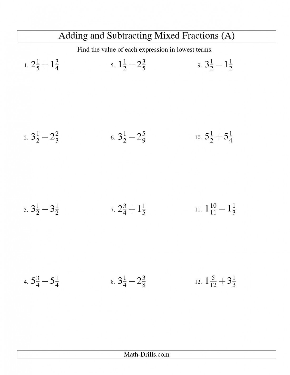 The Adding and Subtracting Mixed Fractions (A) math worksheet from