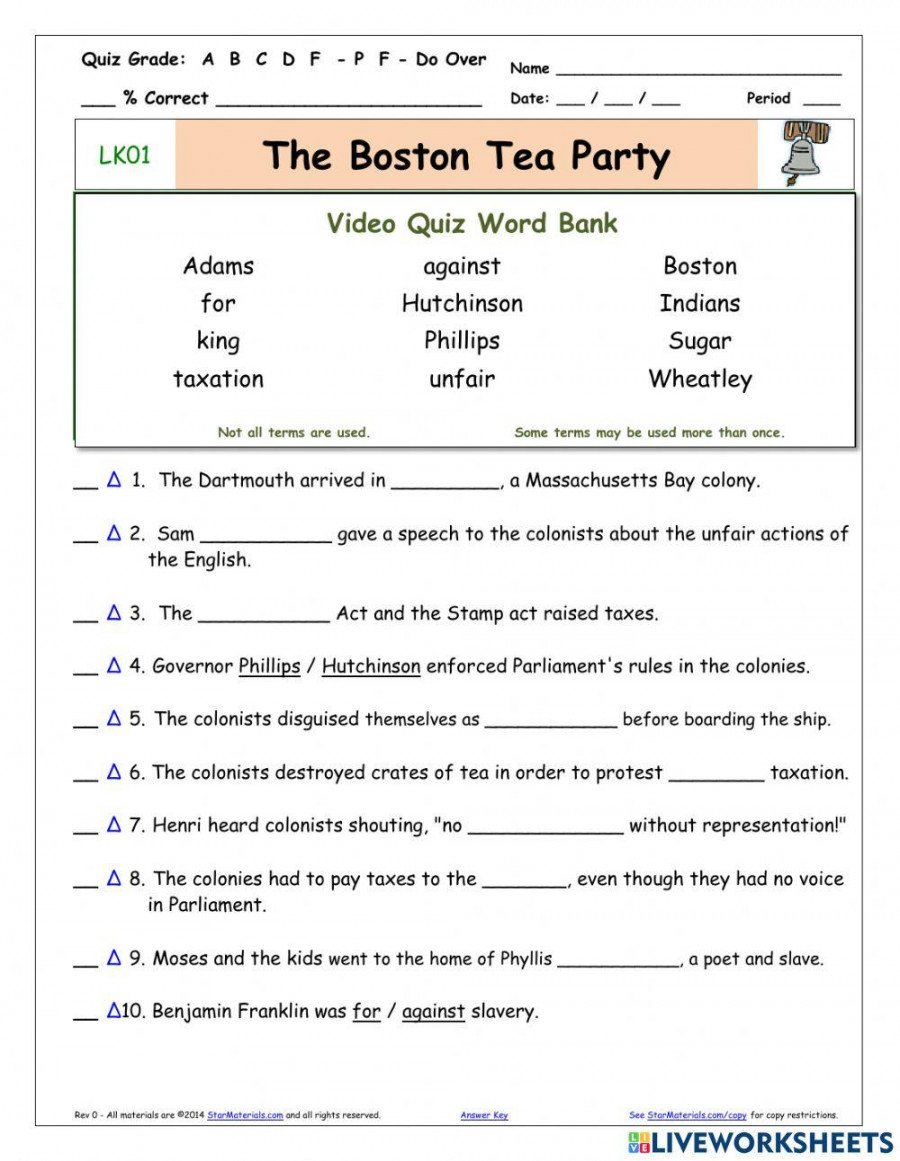 The Boston Tea Party exercise  Live Worksheets