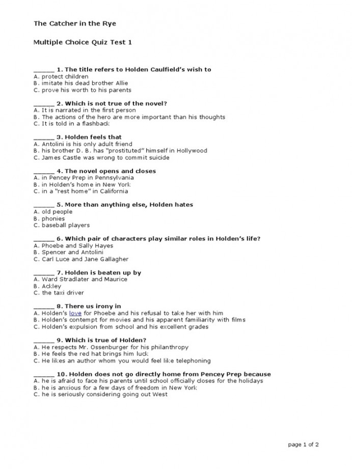 The Catcher in The Rye Multiple Choice Quiz Test : Page  of   PDF