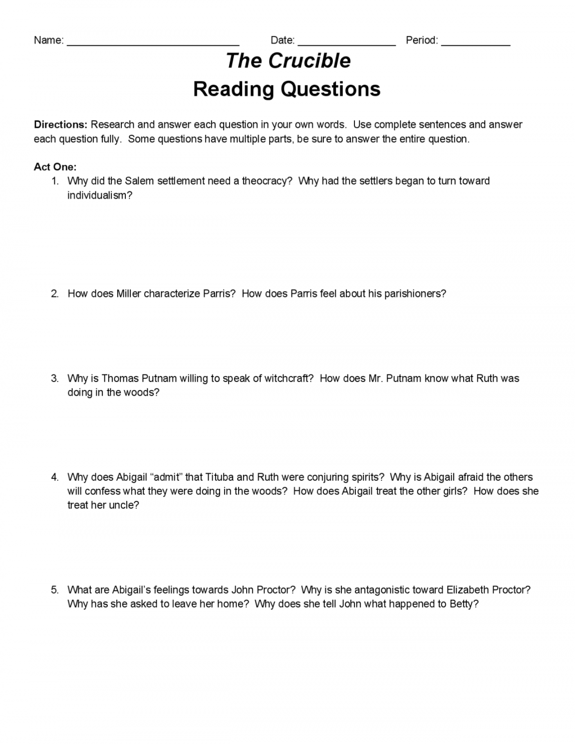 The Crucible Reading Questions  Slides Literature  Docsity