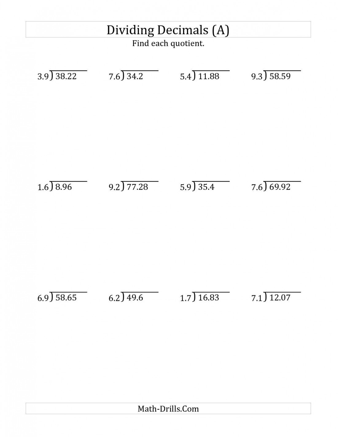 The Dividing Decimals by -Digit Tenths (A) math worksheet from