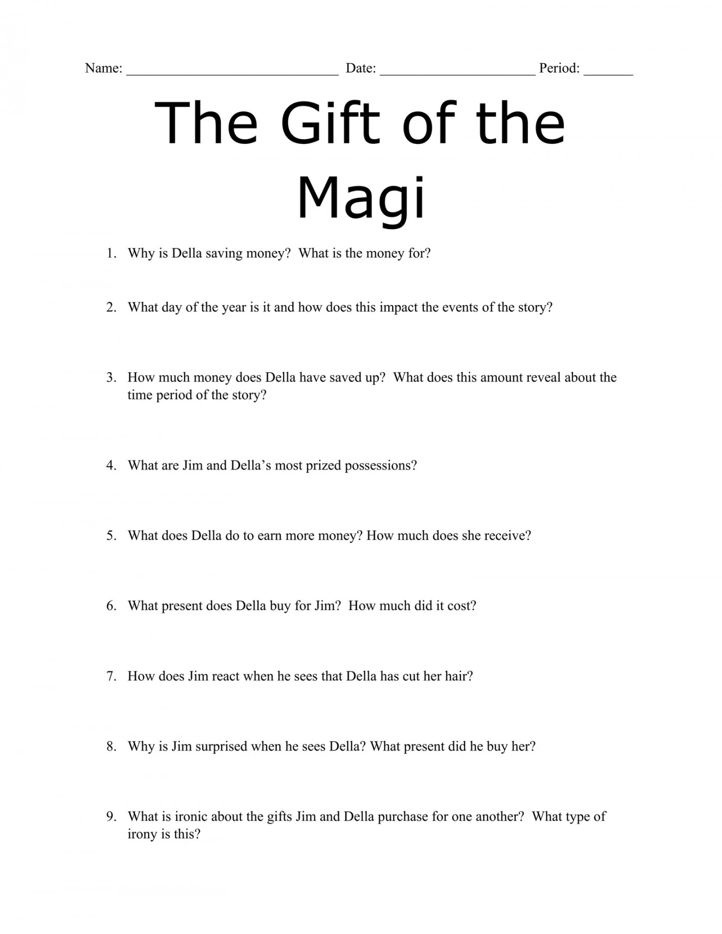 The Gift of the MAgi Comprehension Questions Interactive Worksheet