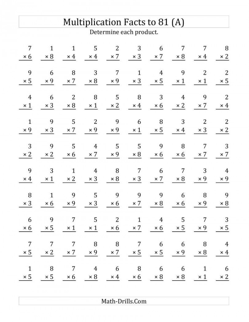 The Multiplication Facts to  ( per Page) (A) Math Worksheet