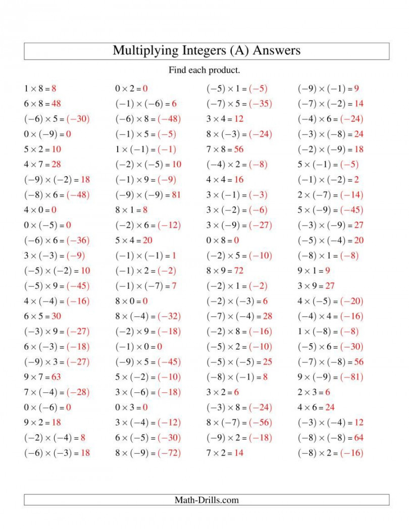 The Multiplying Integers -- Mixed (Range - to ) (A) math