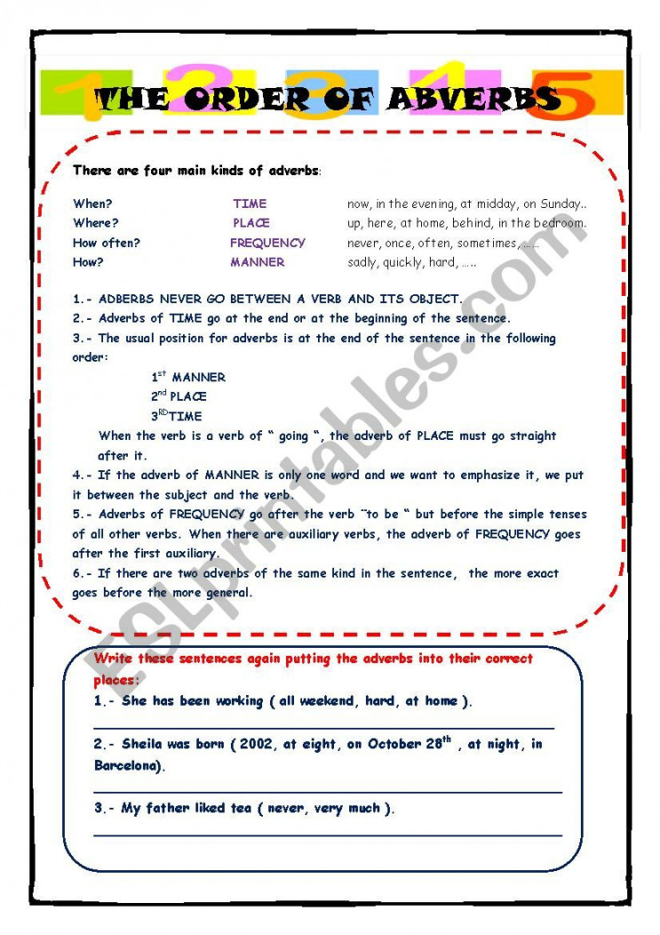 The order of Adverbs - ESL worksheet by setxump