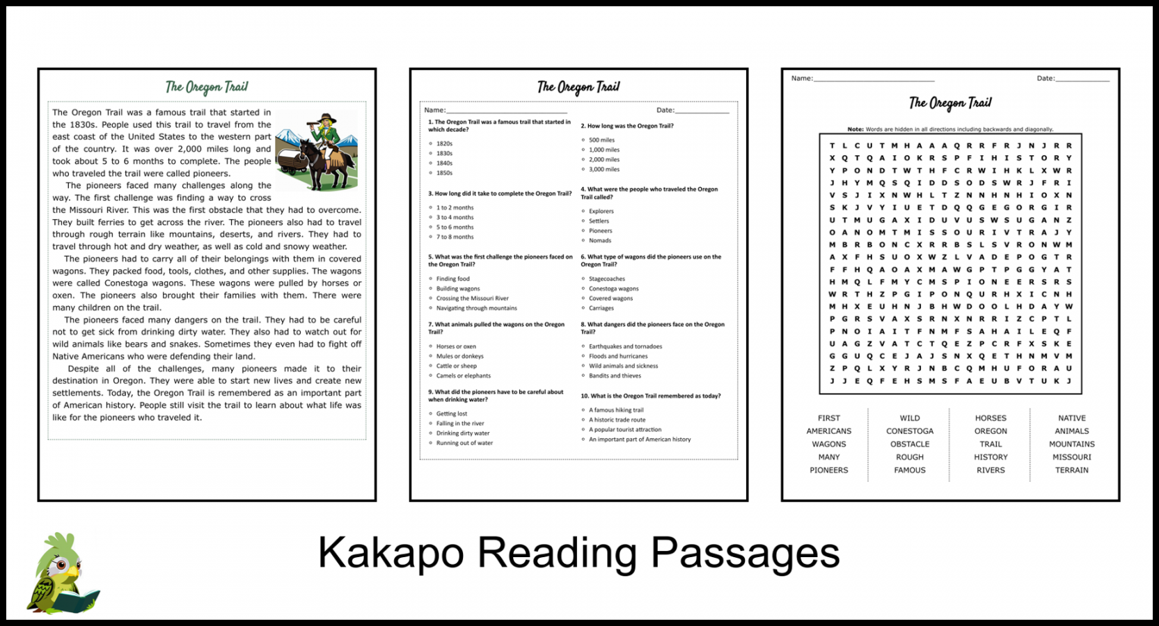 The Oregon Trail Reading Comprehension and Word Search  Teaching