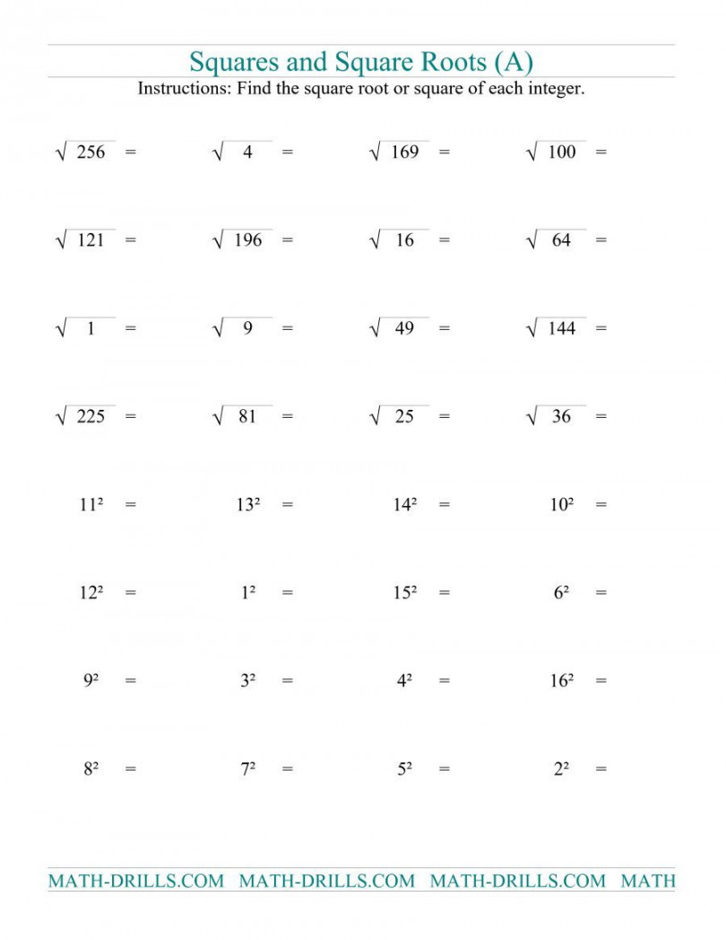 The Squares and Square Roots (A) Math Worksheet from the Number