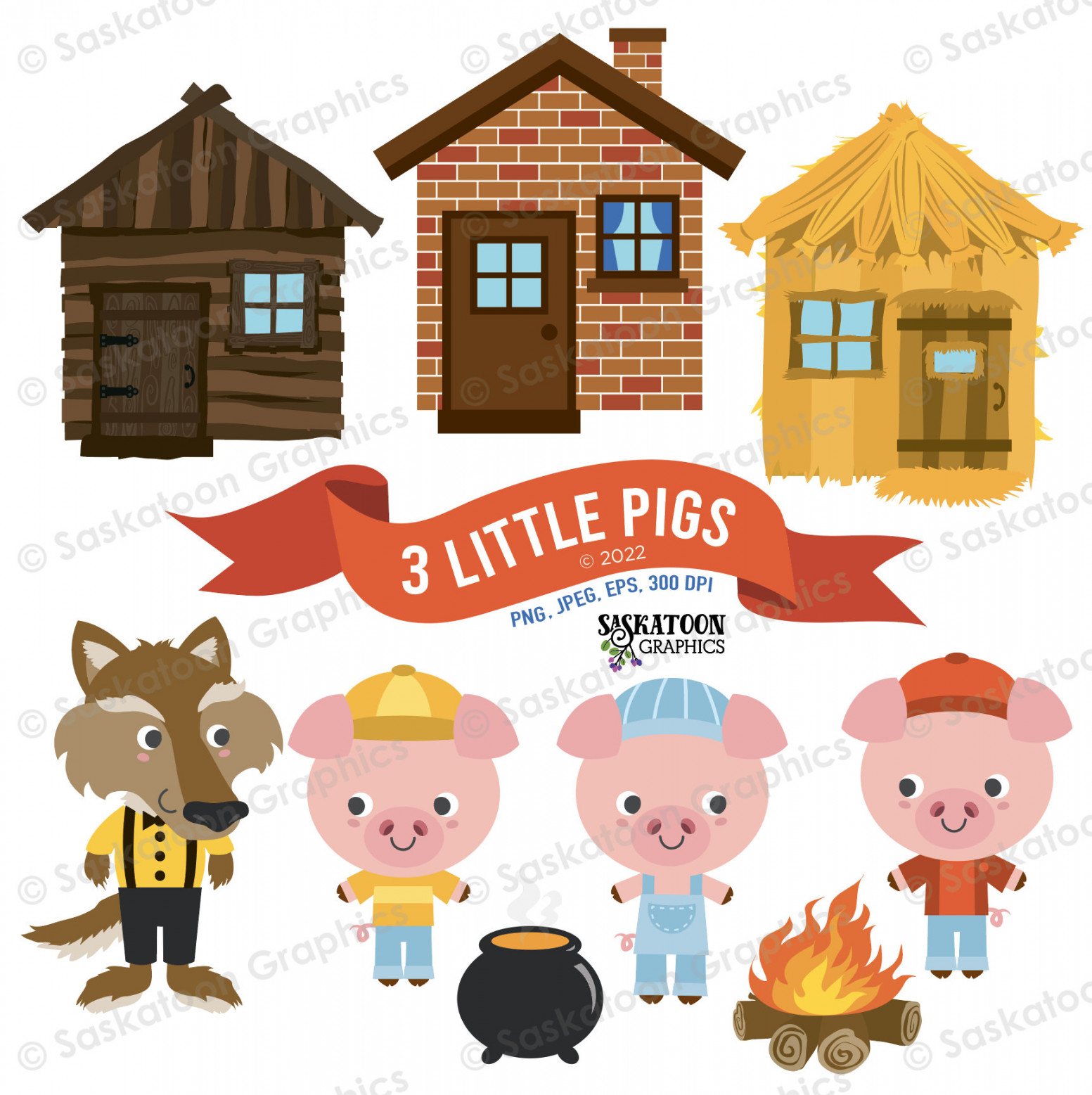 The Three Little Pigs Clip Art - Sofort Download Datei - Digitale Grafiken  - Kommerzielle Nutzung - EPS, PNG, JPEG - Artikel #S