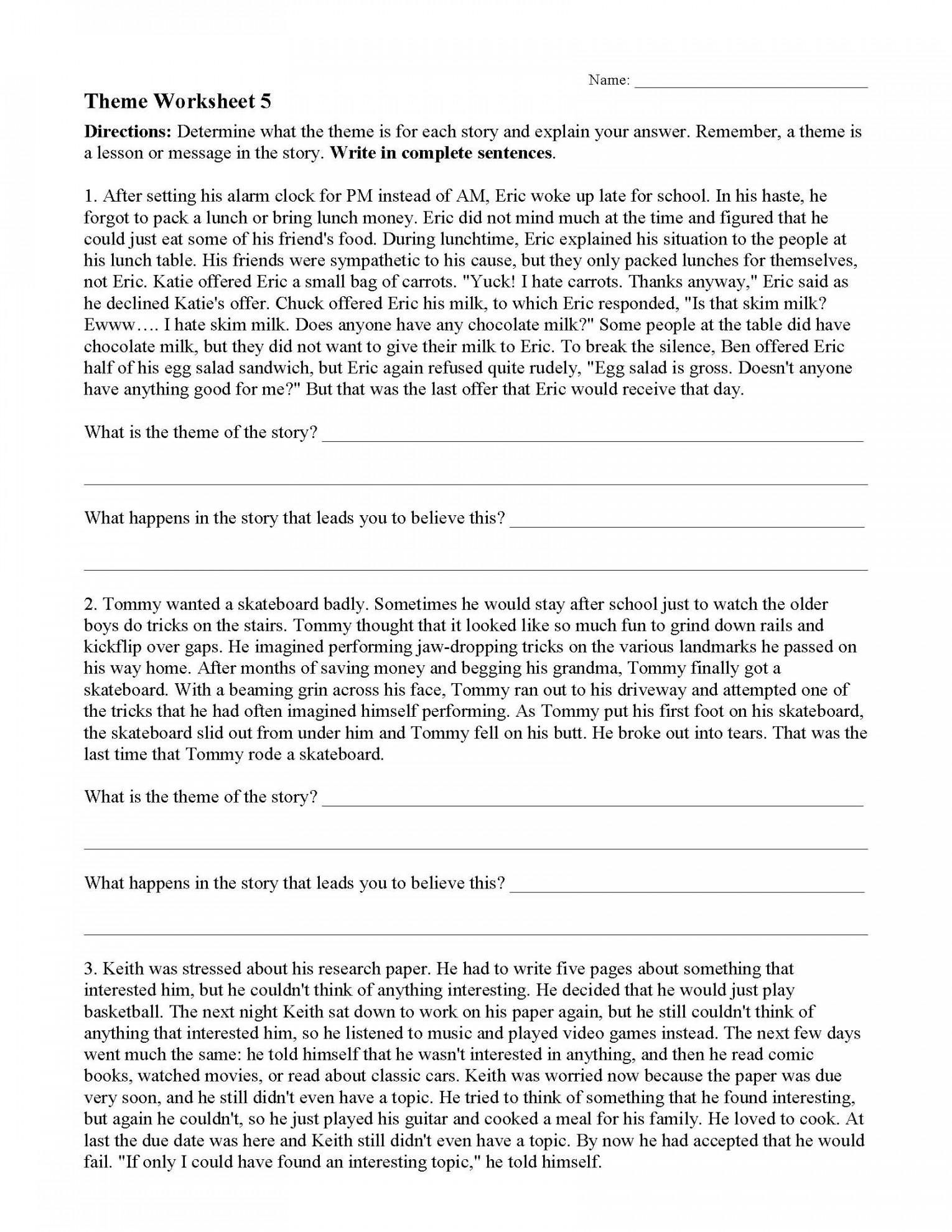 Theme Worksheet   Reading Activity