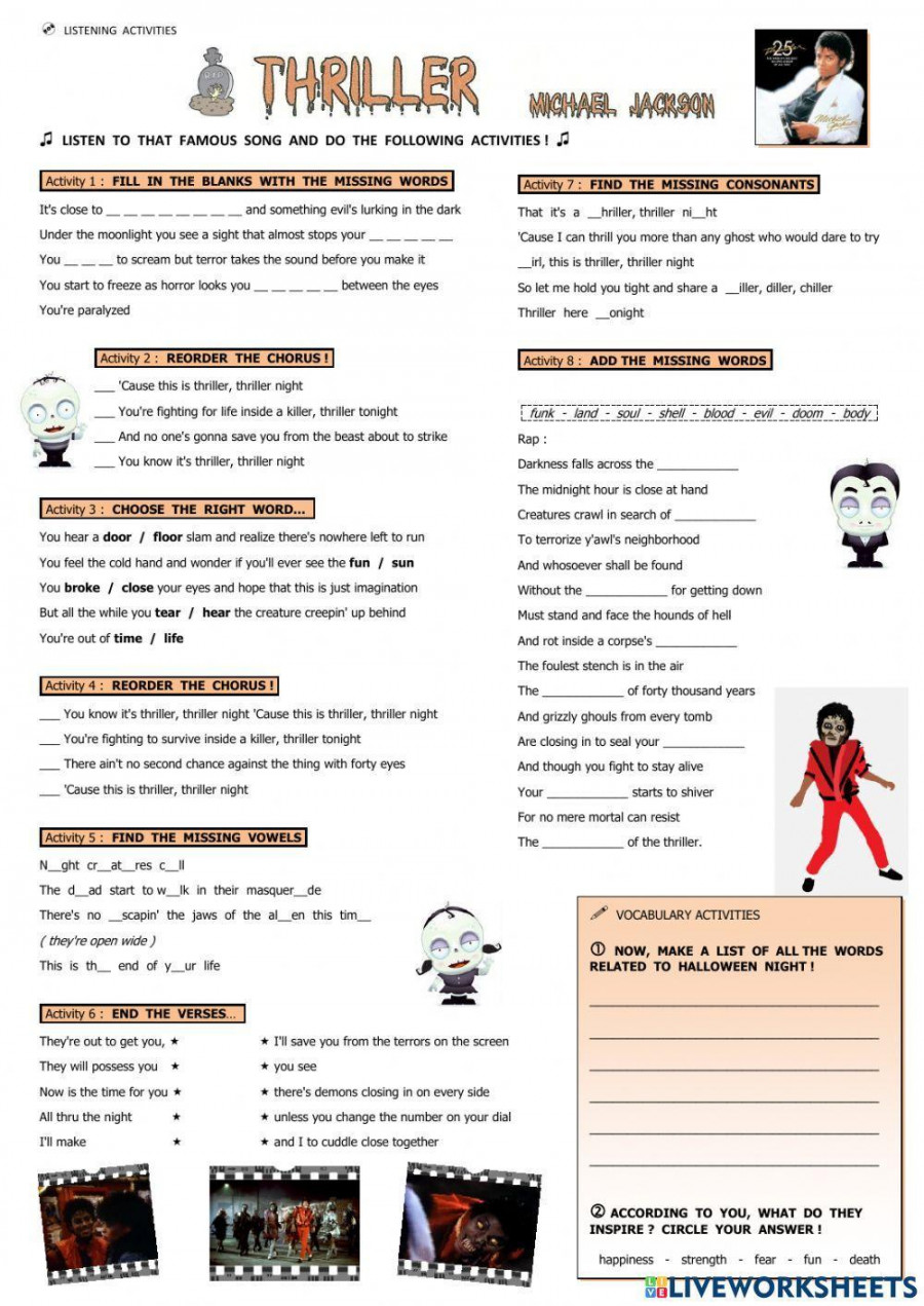 Thriller - lyrics worksheet  Live Worksheets