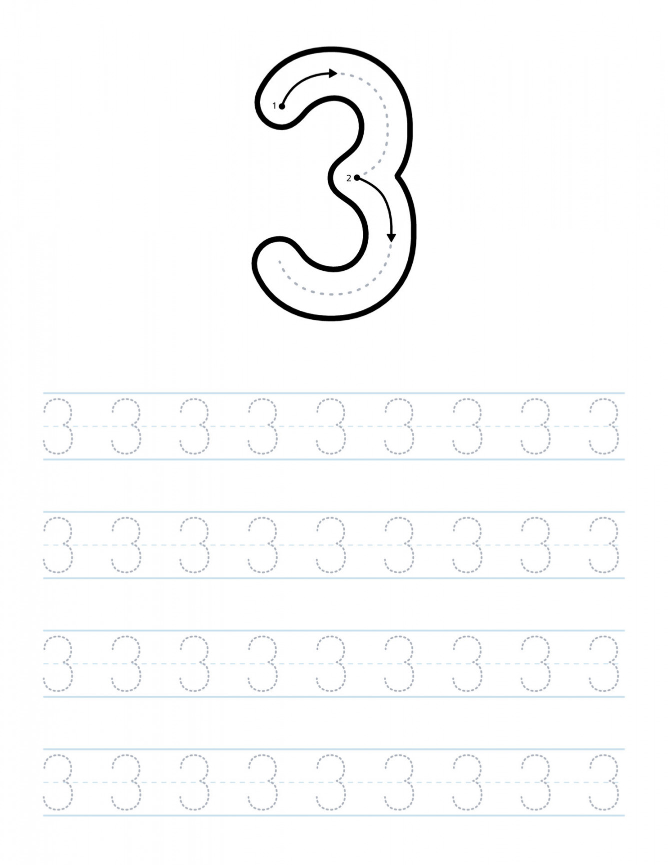 Trace number  worksheet for kids and preschool with tracing guide