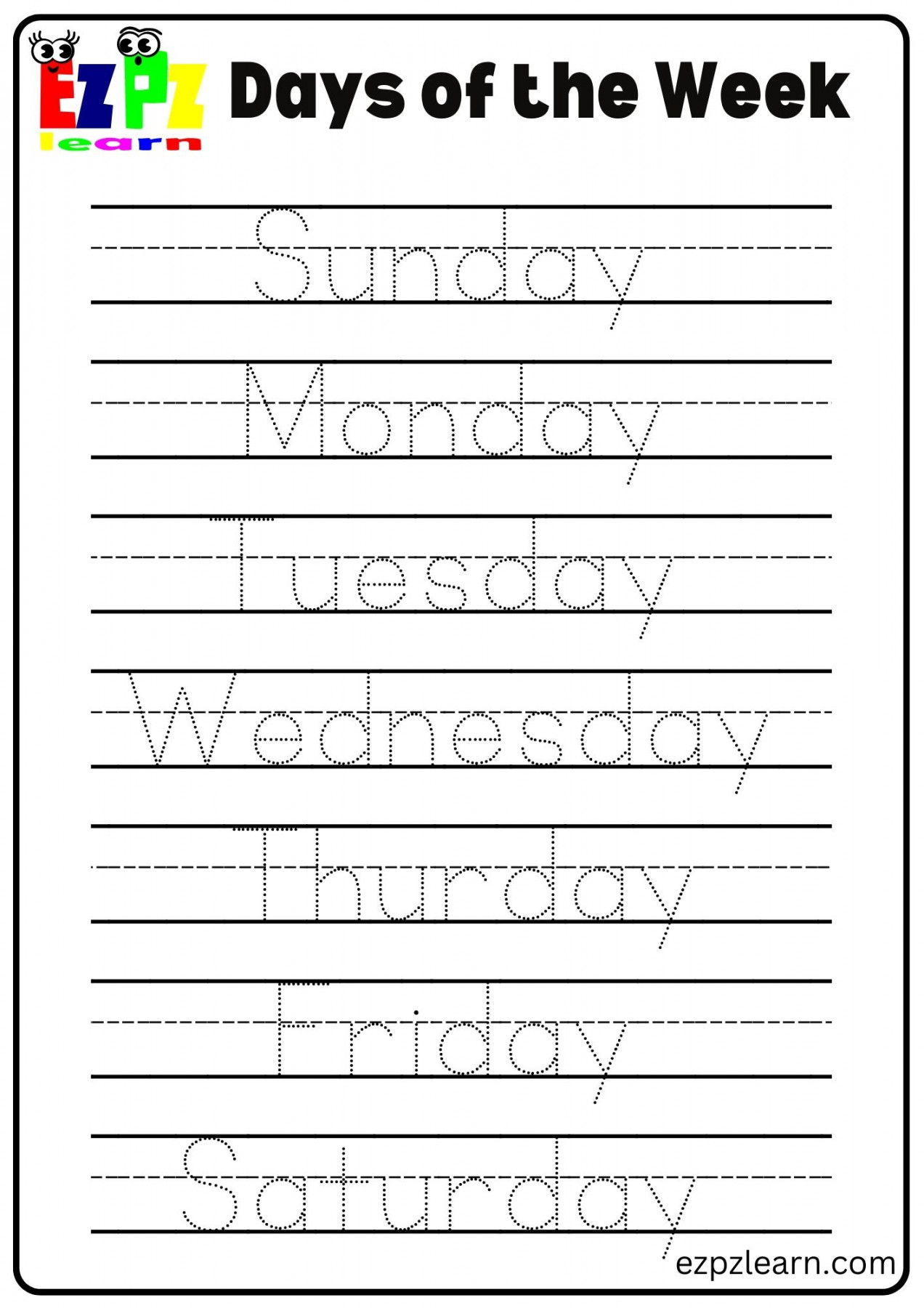 Tracing Page Days of the Week - Ezpzlearn