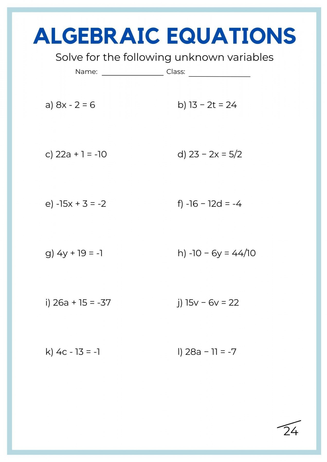 two-step linear algebra worksheet in   Algebra equations