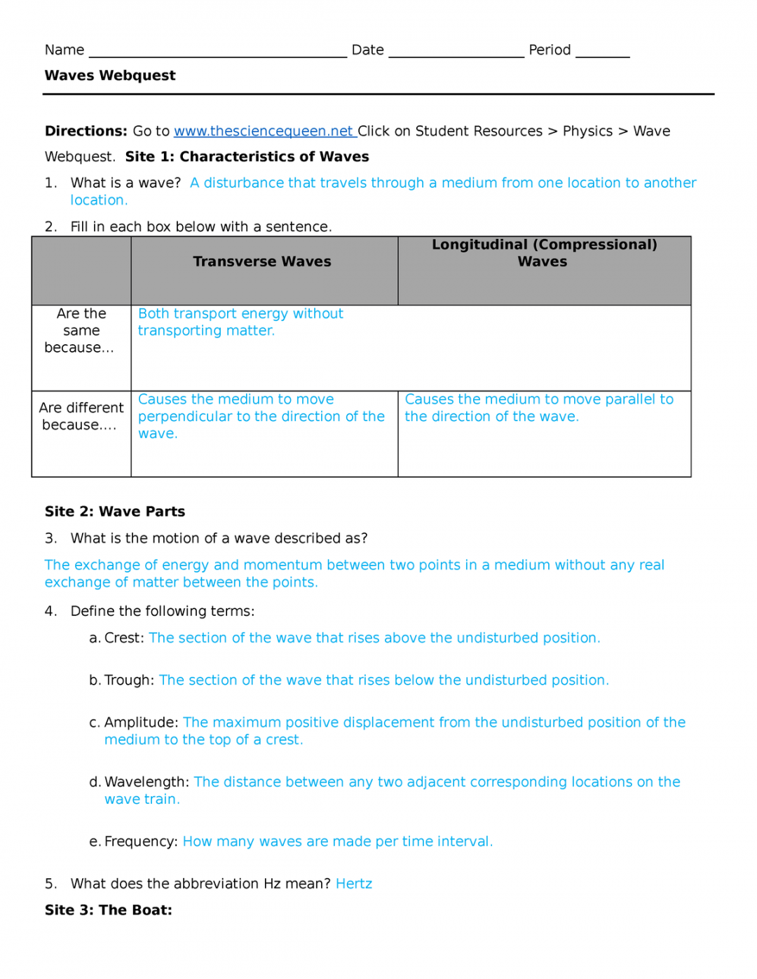 Waves WQ - a guide of what the answers are