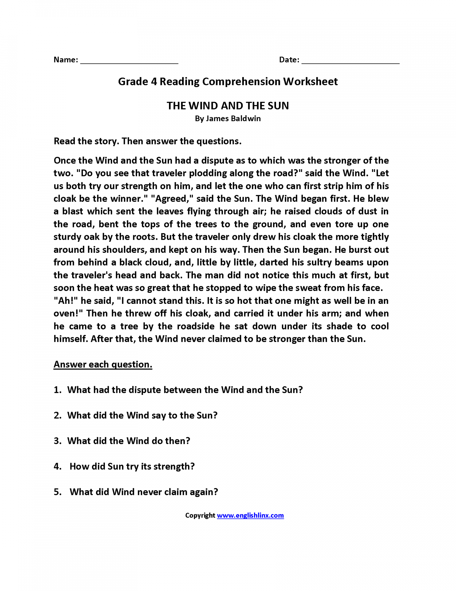 Wind and Sun Fourth Grade Reading Worksheets  Reading