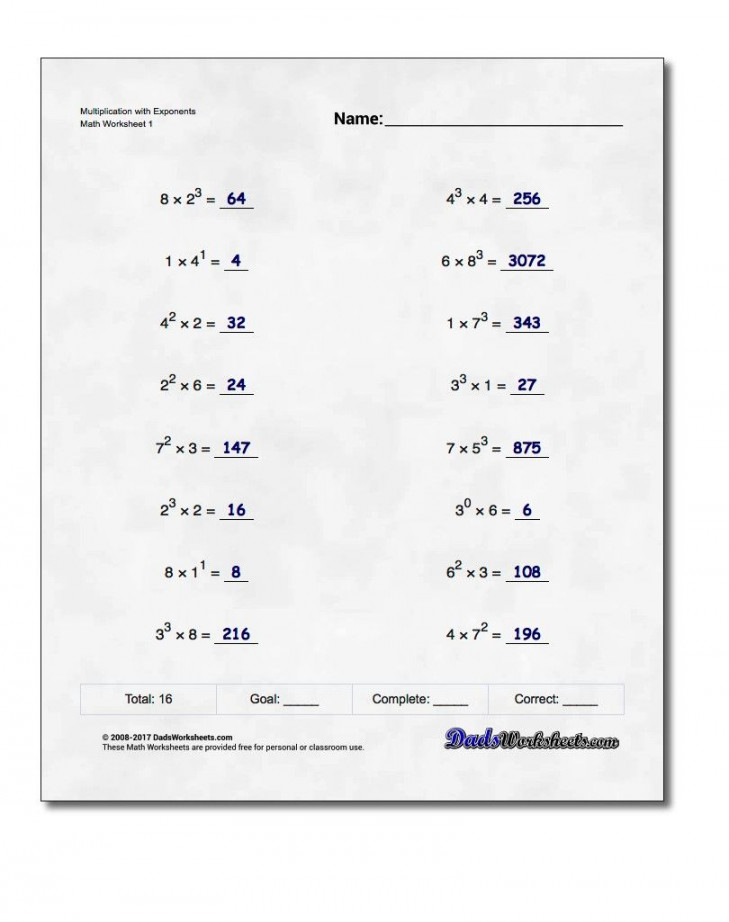 Worksheet practice mixing exponents with addition and subtraction