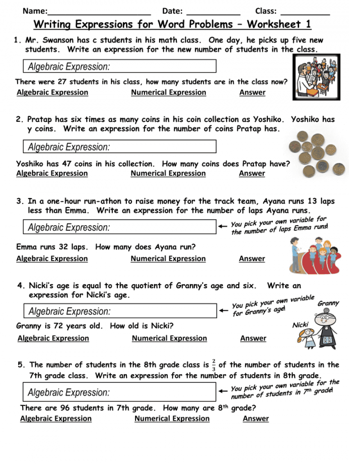 Writing algebraic expressions from word problems worksheet with